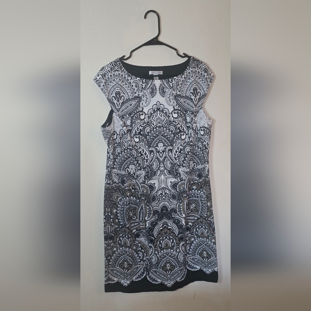 London Style Black White Paisley Office Dress Sleeveless Midi Size 16